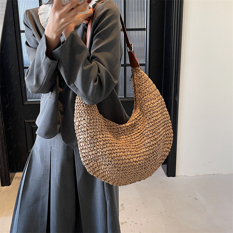 Sac Tressé en Paille Fait Main | Grande Capacité | Sac Épaule Femme