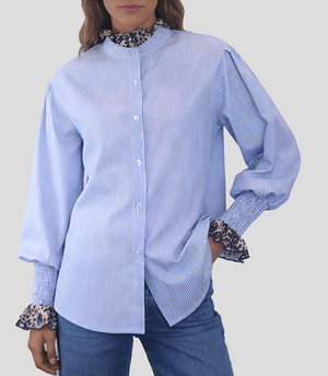 Chemise Casual Rayée Bleu & Blanc — Manches Longues Imprimé Léopard, Volants, Coton, S à XL