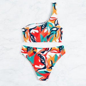 One-Shoulder Brazilian Bikini Set Solid Color High-Waisted Thong Beach Swimwear for Women