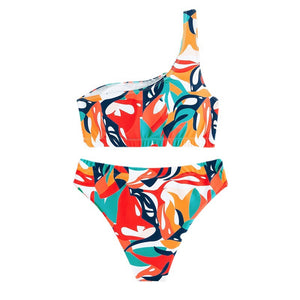 One-Shoulder Brazilian Bikini Set Solid Color High-Waisted Thong Beach Swimwear for Women