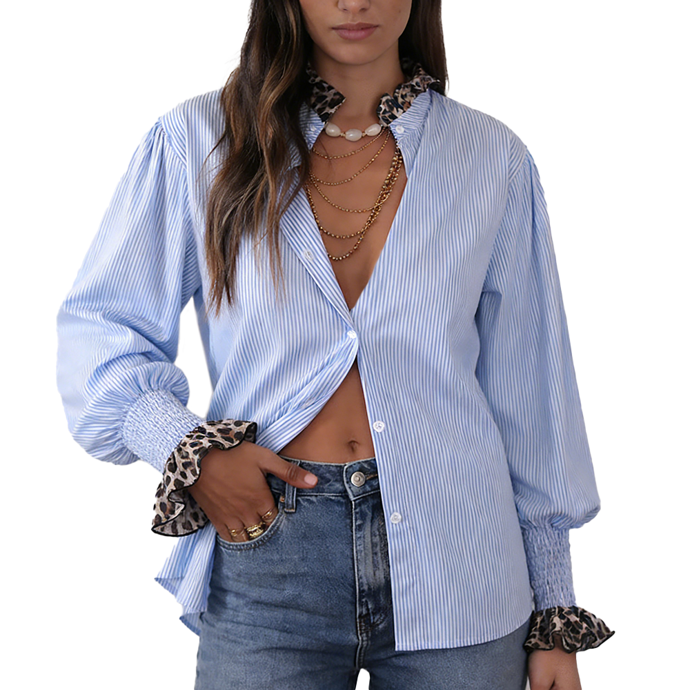 Chemise Casual Rayée Bleu & Blanc — Manches Longues Imprimé Léopard, Volants, Coton, S à XL