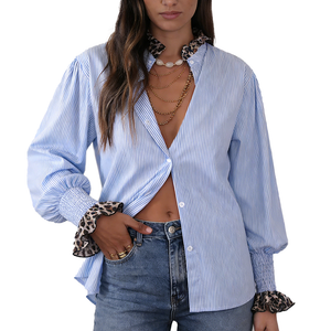 Chemise Casual Rayée Bleu & Blanc — Manches Longues Imprimé Léopard, Volants, Coton, S à XL