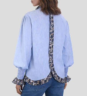 Chemise Casual Rayée Bleu & Blanc — Manches Longues Imprimé Léopard, Volants, Coton, S à XL