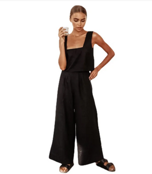 Ensemble Deux Pièces — Top Carré Sans Manches & Pantalon Large Casual, Blanc & Noir, S à L