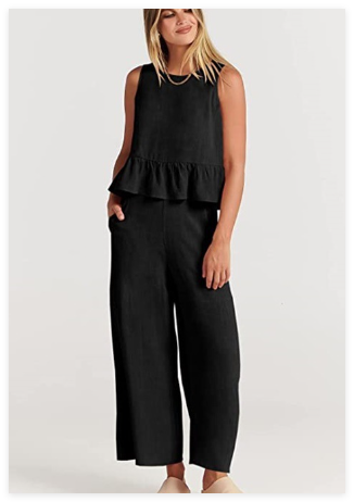 Ensemble Deux Pièces — Top Carré Sans Manches & Pantalon Large Casual, Blanc & Noir, S à L