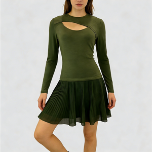 Women's fashionable chiffon pleated dress with cutout details at the chest