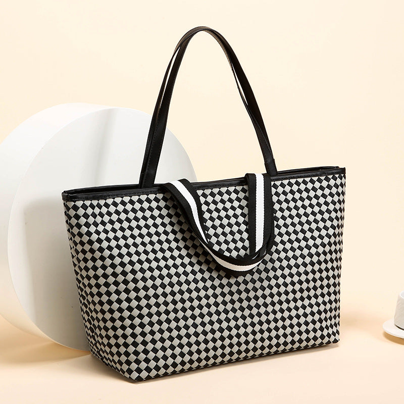 Grand Sac Épaule À Carreaux Noir & Blanc | Grande Capacité | Femme