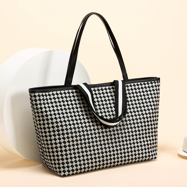 Grand Sac Épaule À Carreaux Noir & Blanc | Grande Capacité | Femme