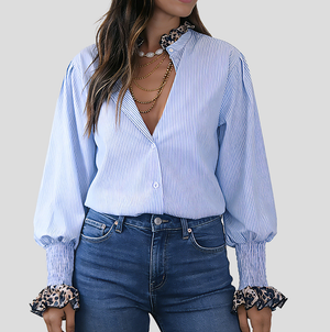 Chemise Casual Rayée Bleu & Blanc — Manches Longues Imprimé Léopard, Volants, Coton, S à XL