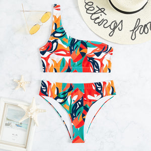 One-Shoulder Brazilian Bikini Set Solid Color High-Waisted Thong Beach Swimwear for Women