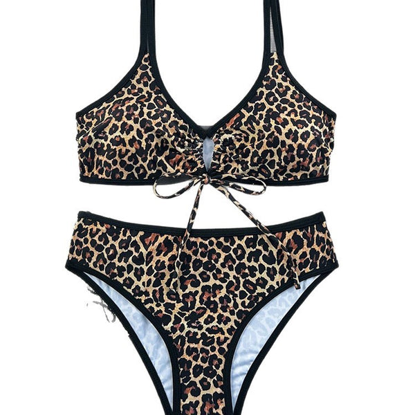 Maillot de Bain Lacé Sexy — Imprimé Léopard & Bordeaux, Bonnets Rembourrés, S à XL