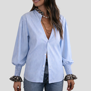 Chemise Casual Rayée Bleu & Blanc — Manches Longues Imprimé Léopard, Volants, Coton, S à XL
