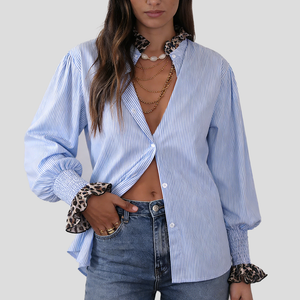 Chemise Casual Rayée Bleu & Blanc — Manches Longues Imprimé Léopard, Volants, Coton, S à XL