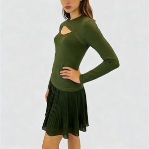 Women's fashionable chiffon pleated dress with cutout details at the chest