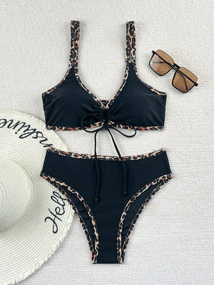 Maillot de Bain Lacé Sexy — Imprimé Léopard & Bordeaux, Bonnets Rembourrés, S à XL