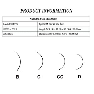 DOSMOTH- Weiche Wimpernverlängerung, Einzelwimpern, Faux Nerzwimpern, Falsche Wimpern, 16 Reihen Stärke, 0,03 bis 0,20