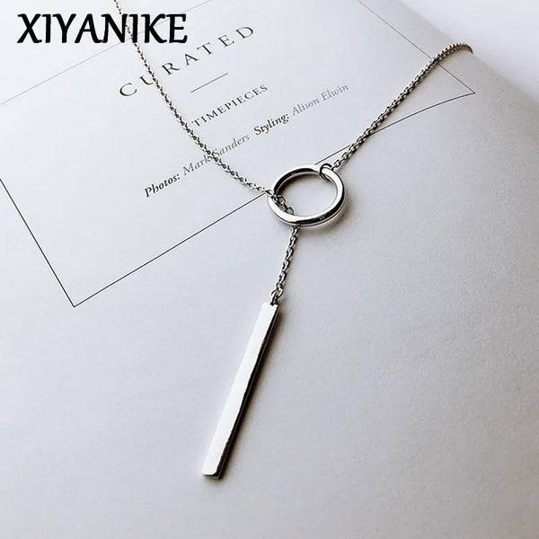 Collier Choker Vintage Argenté — Pendentif Géométrique Longue Chaîne