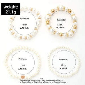 Bracelet Perles Élégant — Set de 4 avec Charm Cœur