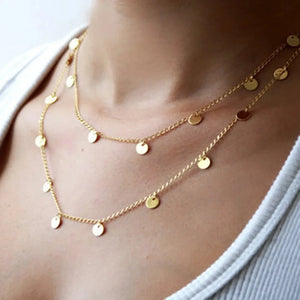 Collier Long Chaîne Dorée — Pendentif Sequins Style Bohème