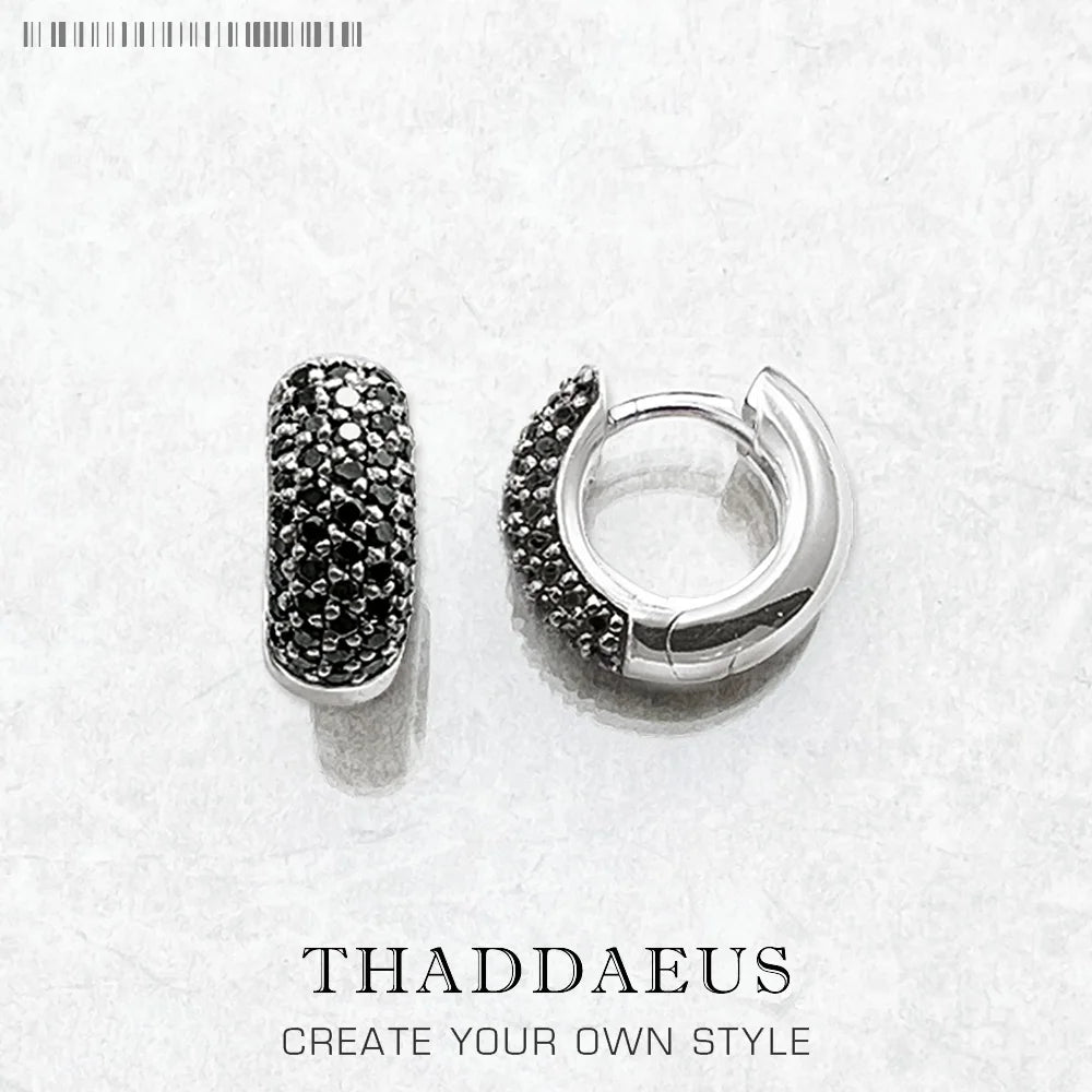 Boucles d’Oreilles Créoles 925 Argent Noir – Vintage, Unisexe, Zircon, Fermoir Charnière