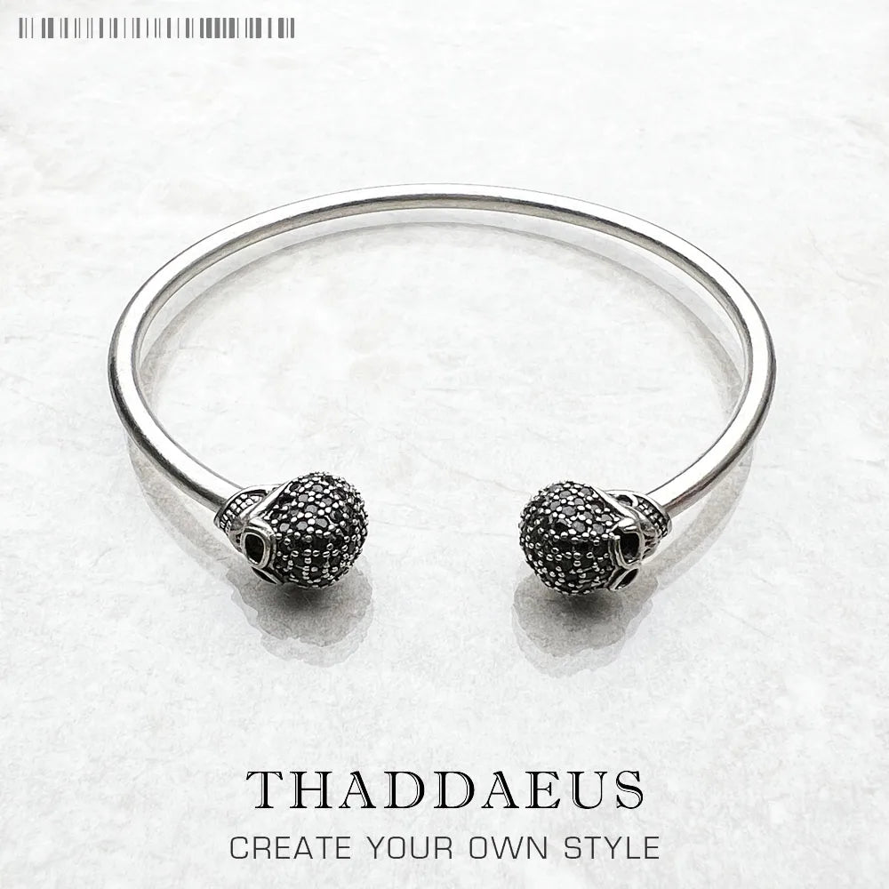 Bracelet Tête de Mort en Argent 925 – Jonc Punk Zircon Ajustable Homme Femme