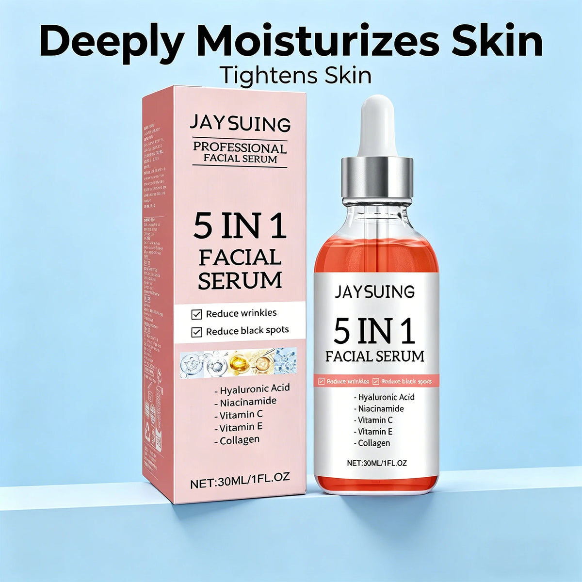 Sérum Visage 5-en-1 – Hydratant, Éclaircissant, Anti-Rides, Acide Hyaluronique & Niacinamide