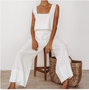 Ensemble Deux Pièces — Top Carré Sans Manches & Pantalon Large Casual, Blanc & Noir, S à L